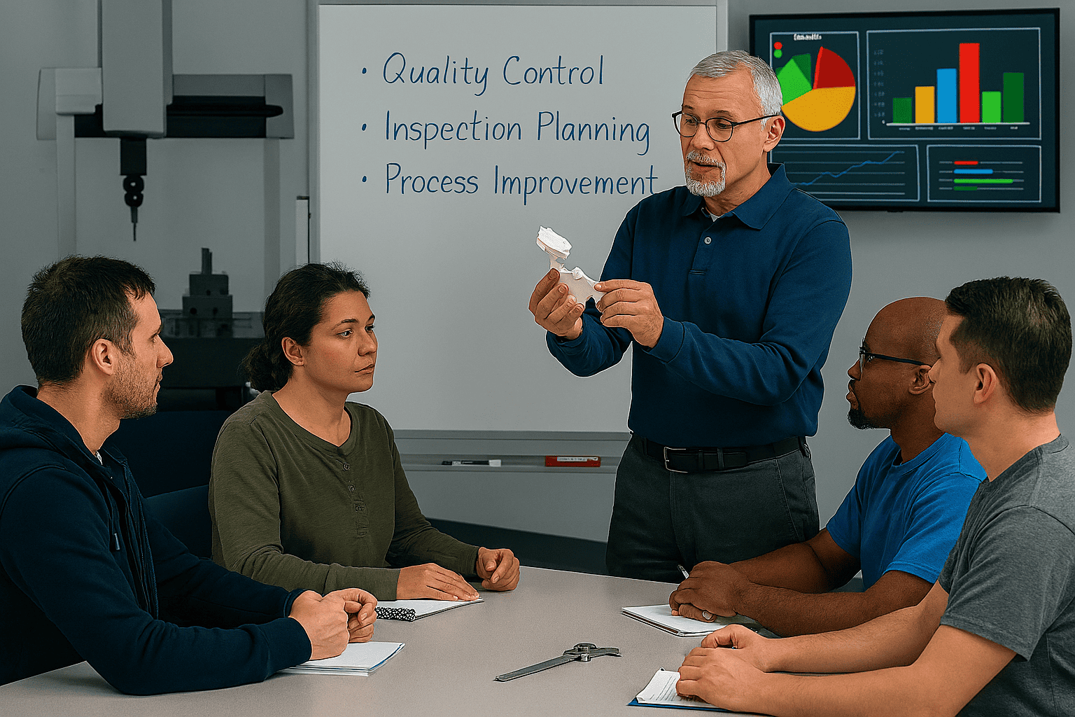 Small classroom setting with adult learners seated around a table, taking notes and observing an instructor. The instructor is holding and demonstrating how two manufactured parts fit together.